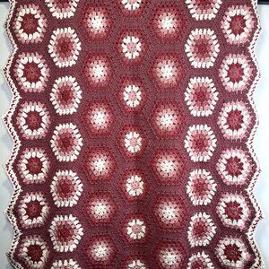 Vintage Handmade Pink & White Hexagon Granny Square Crochet Blanket Valentines